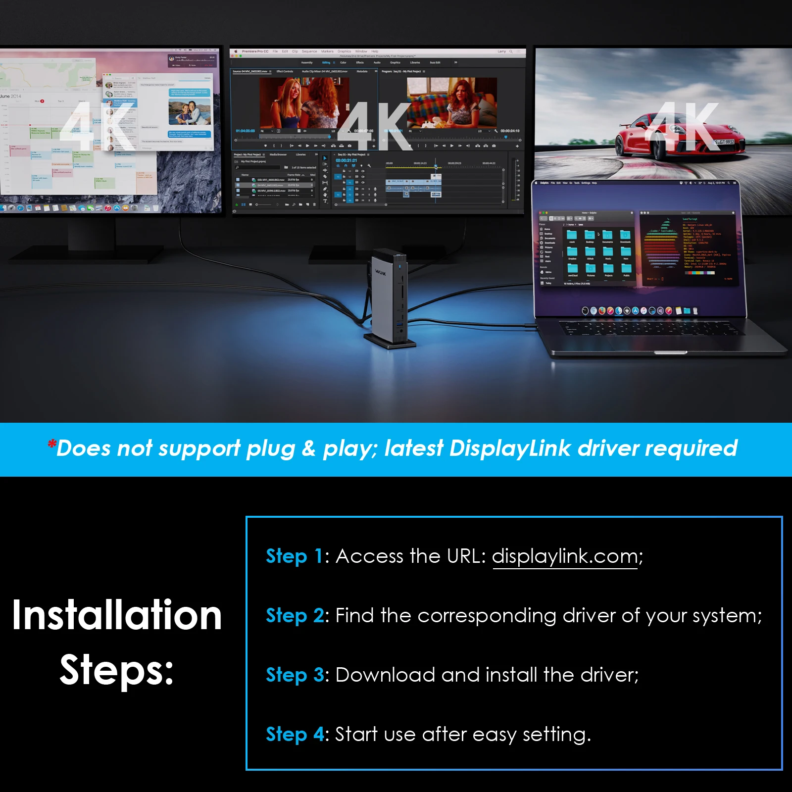 WAVLINK Estación de acoplamiento Universal DisplayLink Dual/Triple 4K USB C USB 3.0 para M1 M2 M3 Mac y Windows no cargan el ordenador portátil - imagen 5