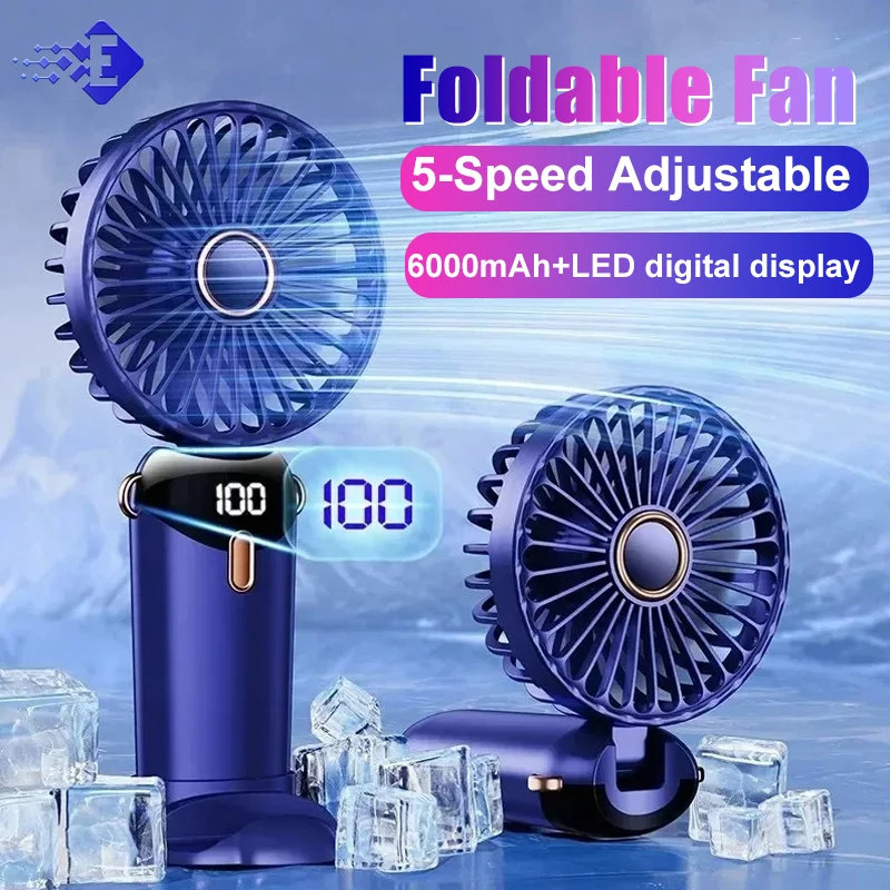 Miniventilador portátil plegable para colgar en el cuello, ventilador recargable por USB de 5 velocidades con soporte para teléfono y pantalla de visualización, 6000mAh - imagen 2