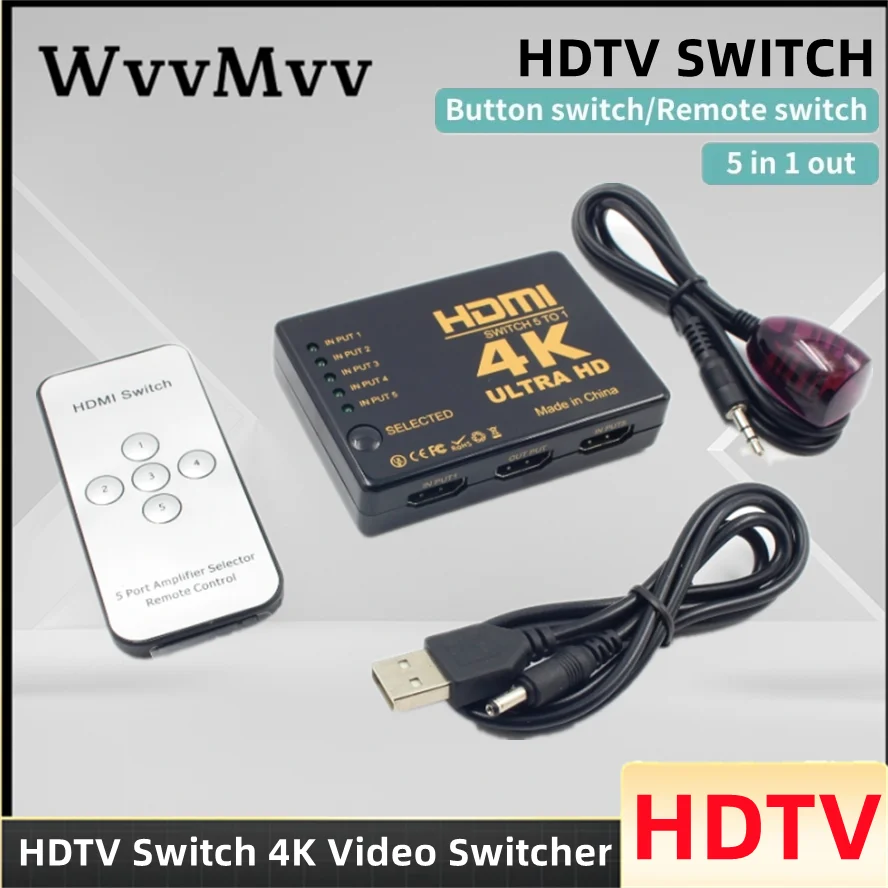 Conmutador HDMI HD 4K 5 en 1 salida compatible con HDMI, Selector divisor, adaptador de caja de vídeo con control remoto IR para ordenador portátil, PC, HDTV, DVD, PS4
