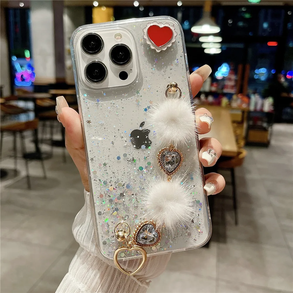 Funda de teléfono con pulsera de felpa de corazón de amor de lujo para Xiaomi Redmi Note 11, 11S, 10, 9 Pro, 10S, 9S, 10A, 10C, 11 Lite, 11T, POCO X3 - imagen 5