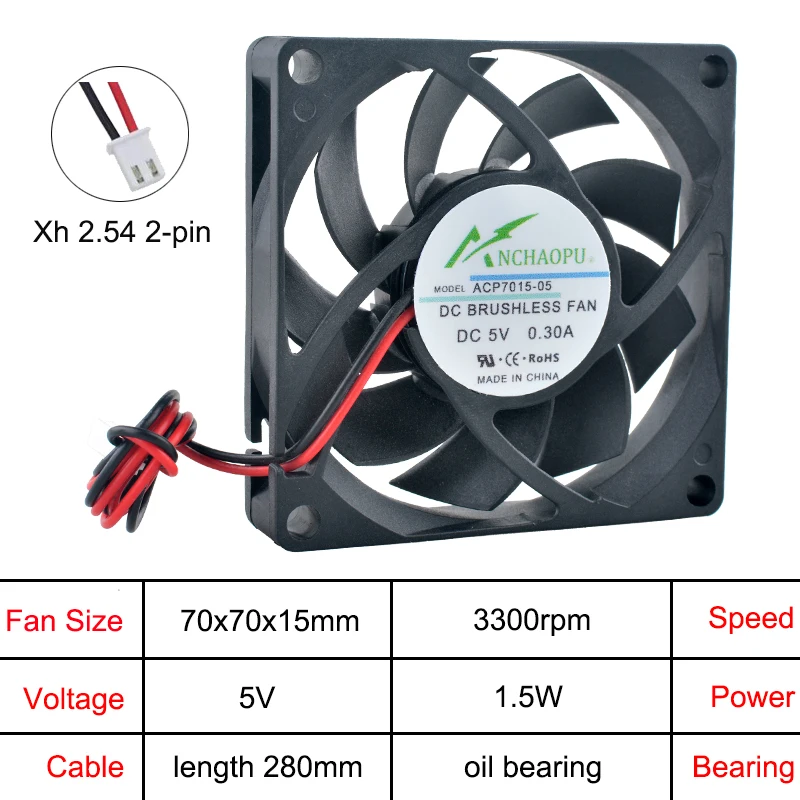 ACP7015 70x70x15mm Ventilador de refrigeración axial 2 pines DC 5V/12V/24V para inversores de potencia Routers Electrónica Servidores HVAC - imagen 4