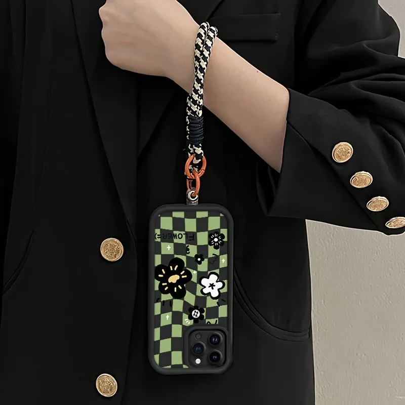 Funda de teléfono con correa colgante con estampado de rejilla de flores para iPhone 11 12 13 14 15 16 17 Pro Max 17 Air X XS XR 7 8 15 Plus 16E - imagen 3