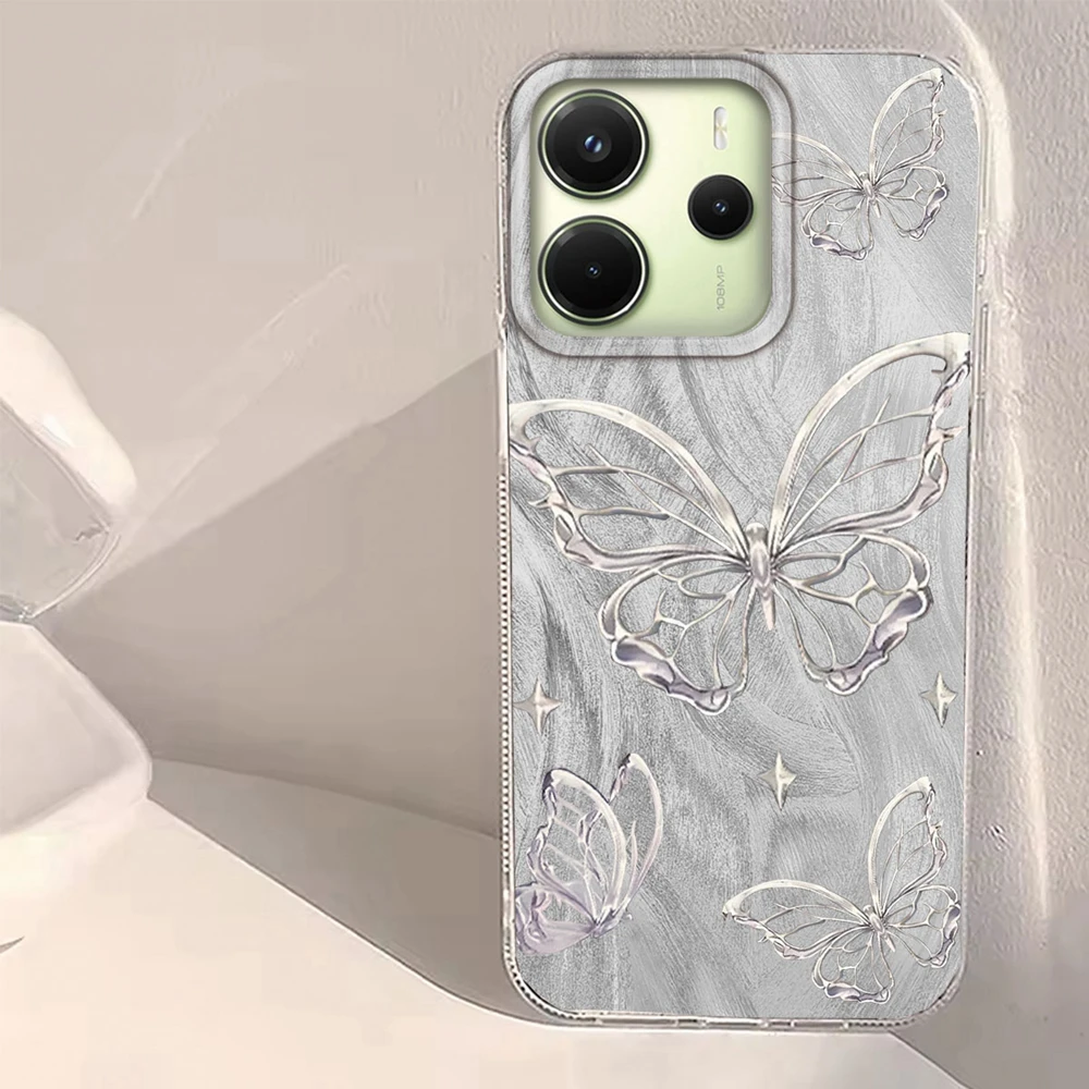 Funda de teléfono para chicas y mujeres con mariposa plateada láser para Xiaomi Redmi Note 14 13 12 11 11S 10 9 8 Pro 9C 13C 14C A5 A3 A4 A3X A1 - imagen 3