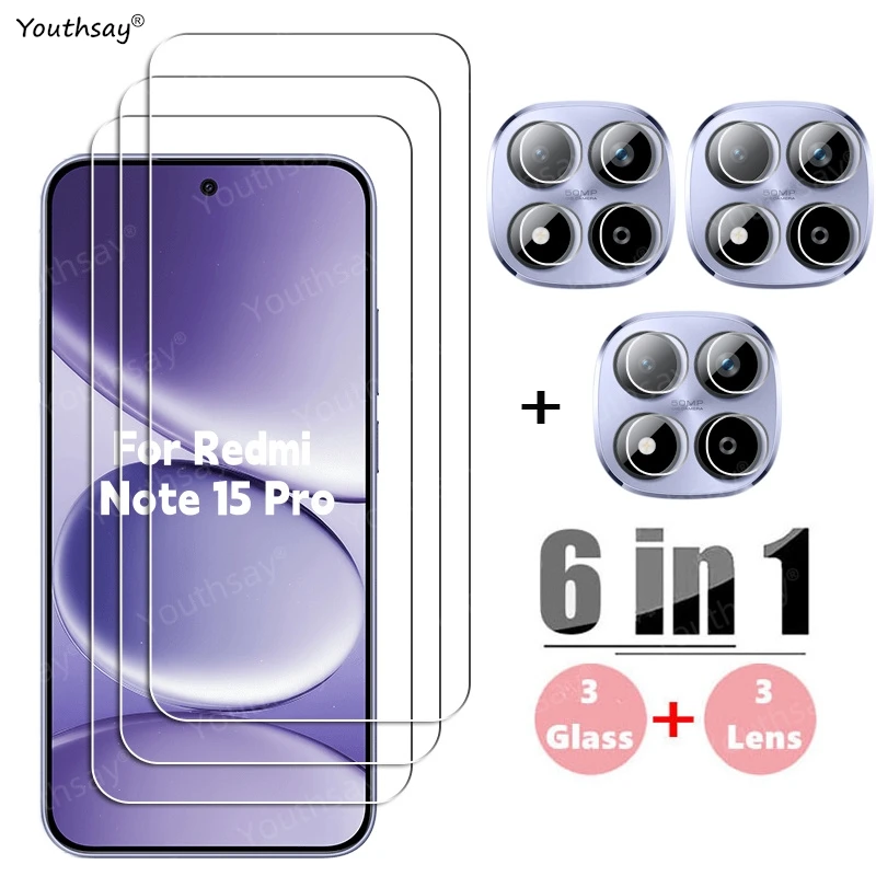 Vidrio Gule completo 6 en 1 para Xiaomi Redmi Note 15 Pro vidrio templado Redmi Note 15 Pro Protector de pantalla película de lente Redmi Note 15 Pro