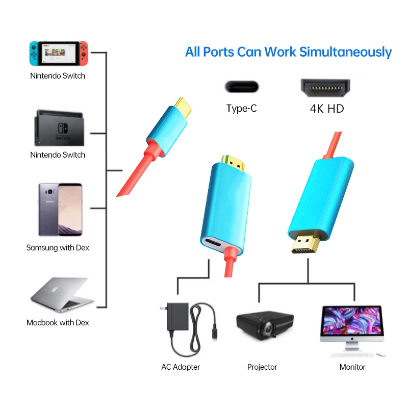 Cable USB tipo C a 4K HD de 2m con carga PD, Compatible con consola de juegos Nintendo Switch, modo de estación de acoplamiento de TV, Samsung Dex - imagen 4