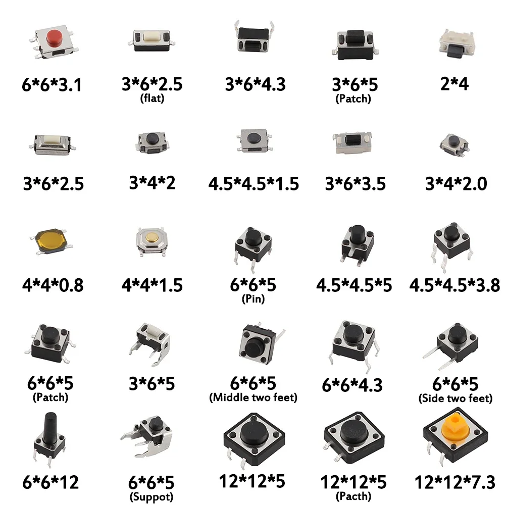 125/140 Uds interruptor de botón táctil DIP SMD Micro interruptor Kit 14 valores 25 valores Micro botones Kit de componentes táctiles, para juguete de TV
