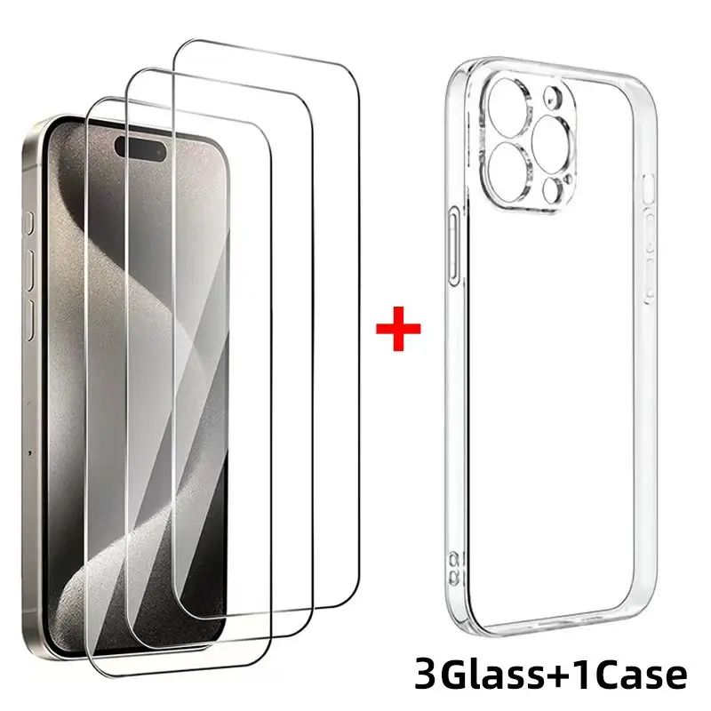 3 uds vidrio templado + 1 Uds funda de teléfono transparente para iPhone 16 15 14 13 12 11 Protector de pantalla para iPhone XR X XS Max 6 8 7 PLUS Glass