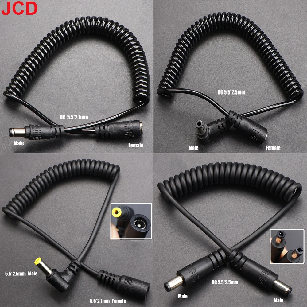 JCD 1 pieza DC 5,5mm x 2,1mm macho a hembra Cable en espiral de alimentación DC 5,5x2,5mm Cable de resorte de extensión para tira de LED CCTV