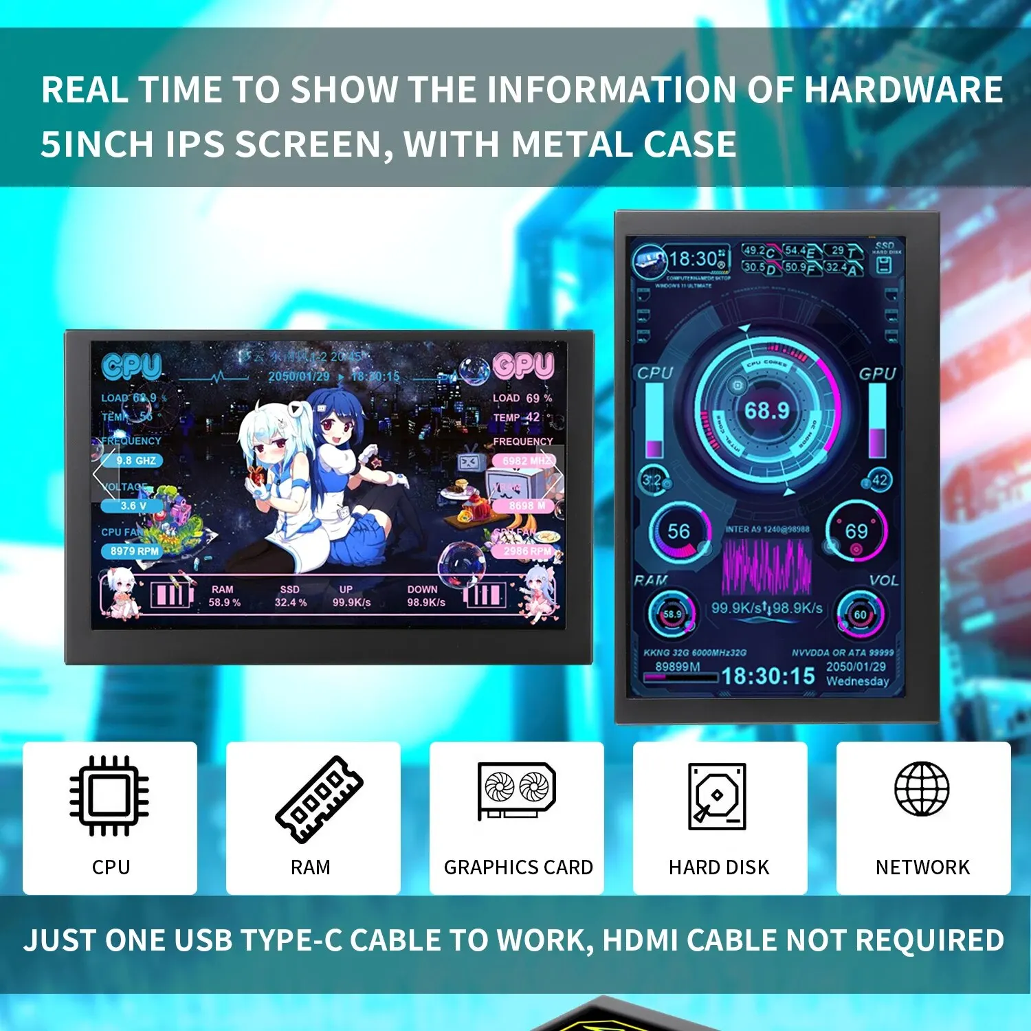 Nueva pantalla LCD IPS de 5 pulgadas USB TYPE-C pantalla secundaria ordenador CPU GPU RAM HDD Monitor no utiliza AIDA64 - imagen 4