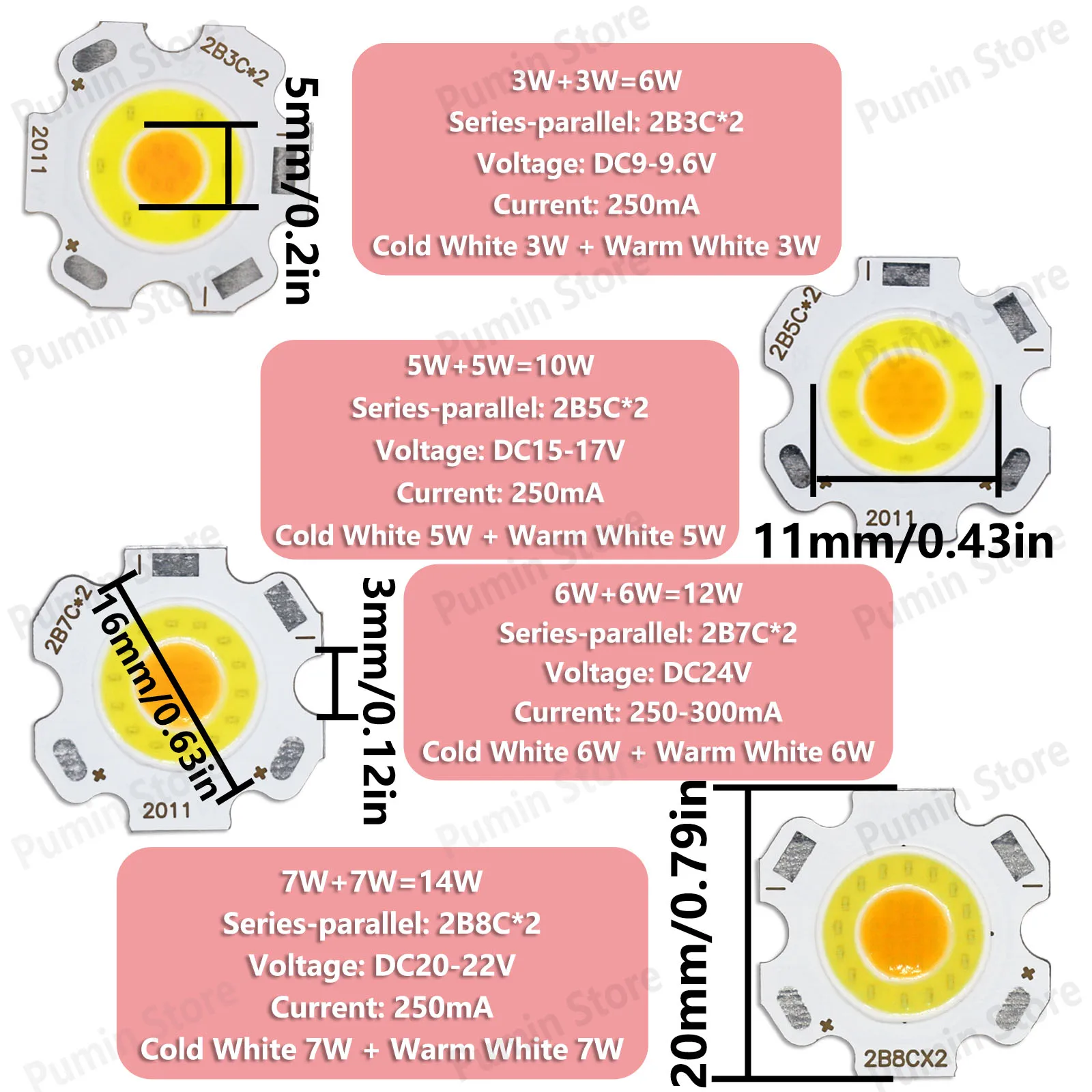 10 Uds Chip LED 24v Cob luz cálida de dos tonos + blanco 9v 20v 30v 3W 5W 7W 10W accesorios de luz de Chip redondo fuente de luz nocturna - imagen 3