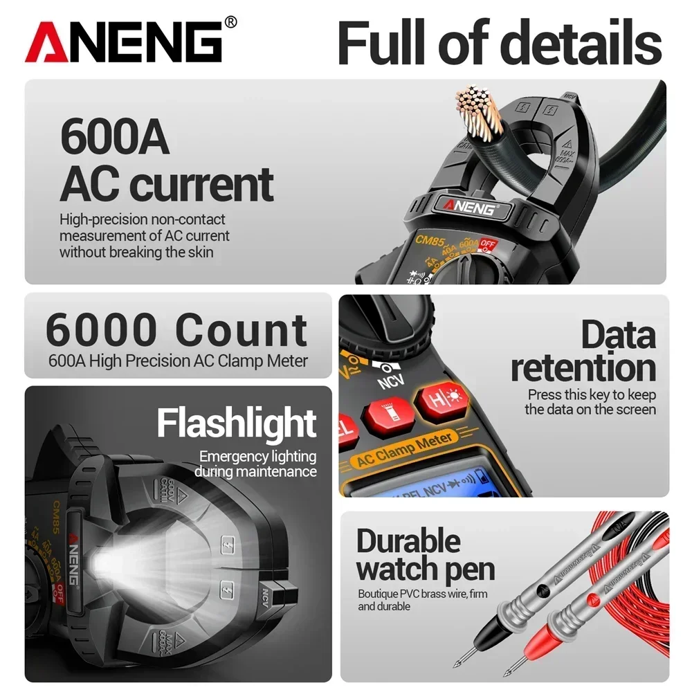 Multímetro medidor de abrazadera 6000 recuentos ANENG CM85 sin contacto medición de voltaje CA de alta precisión 600A corriente NCV herramienta de electricista - imagen 5