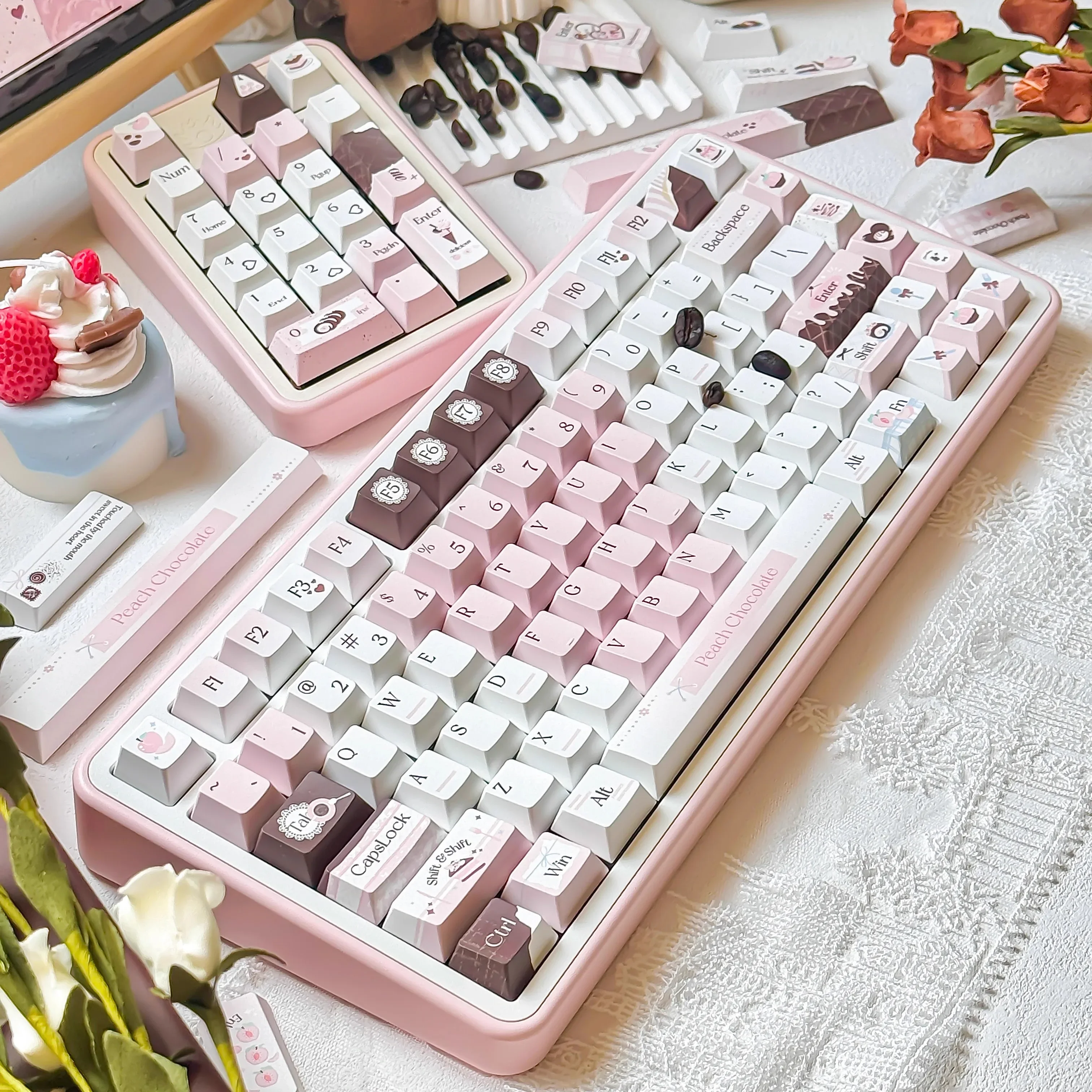 Juego de teclas con tema de Chocolate rosa, tapas de teclado de sublimación PBT, teclas personalizadas con perfil de cereza FOA para teclado mecánico - imagen 2