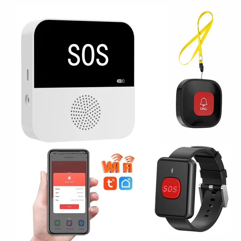 Buscapersonas inalámbrico WiFi para cuidadores de ancianos, botón de llamada SOS, sistema de alerta médica SOS de emergencia para pacientes mayores en casa