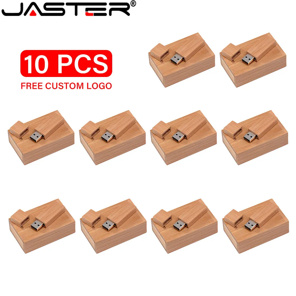 JASTER-Unidad Flash USB 2,0 de madera, pendrive personalizado de 128GB, 64GB con caja de memoria, 32GB, disco U carbonizado de 16GB, 10 piezas