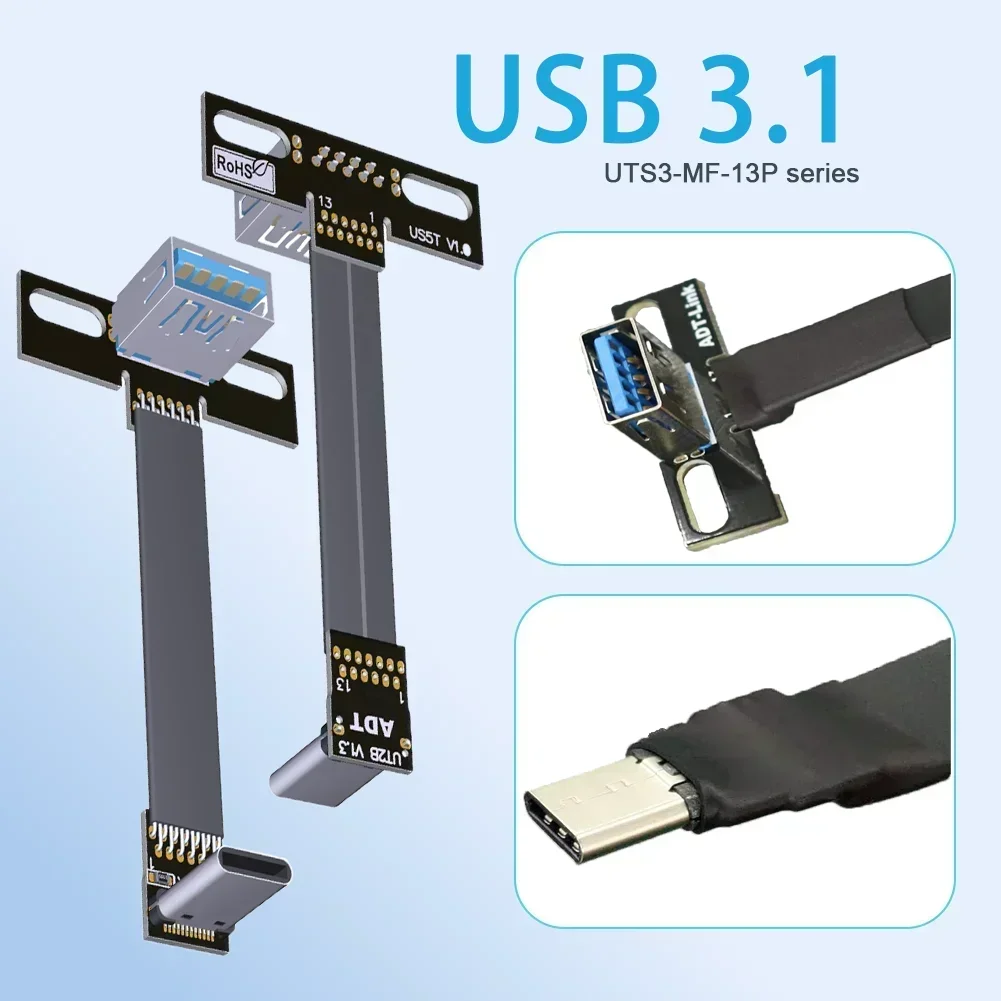 ADT-Link 3A USB 3.1 Tipo-C Macho a USB-A Hembra A Doble 90 °   Cable de datos de carga rápida USB 3.1 en ángulo hacia arriba y hacia abajo FPV FPC plano de cinta - imagen 2
