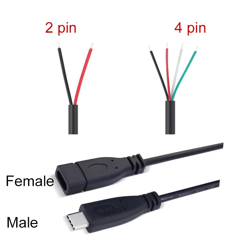 5 uds 2 pines 4 pines línea de datos 25cm USB 2,0 tipo C Cable de extensión de fuente de alimentación conector de cargador enchufe macho hembra - imagen 4