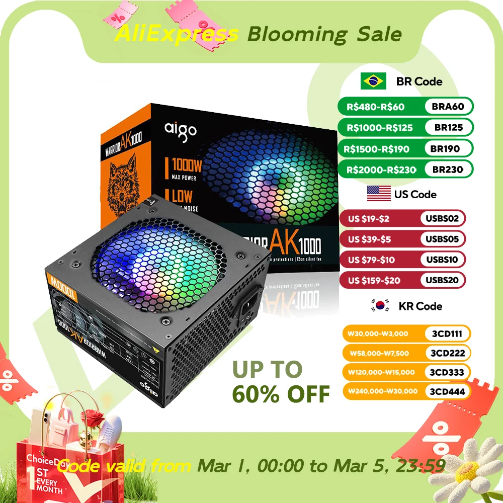 Aigo Fonte 500W 600W 700W 800W 1000W fuente de alimentación DIY Gaming 120mm RGB ventilador ATX PC ordenador de escritorio fuente de alimentación PSU para 7800x3d - imagen 2