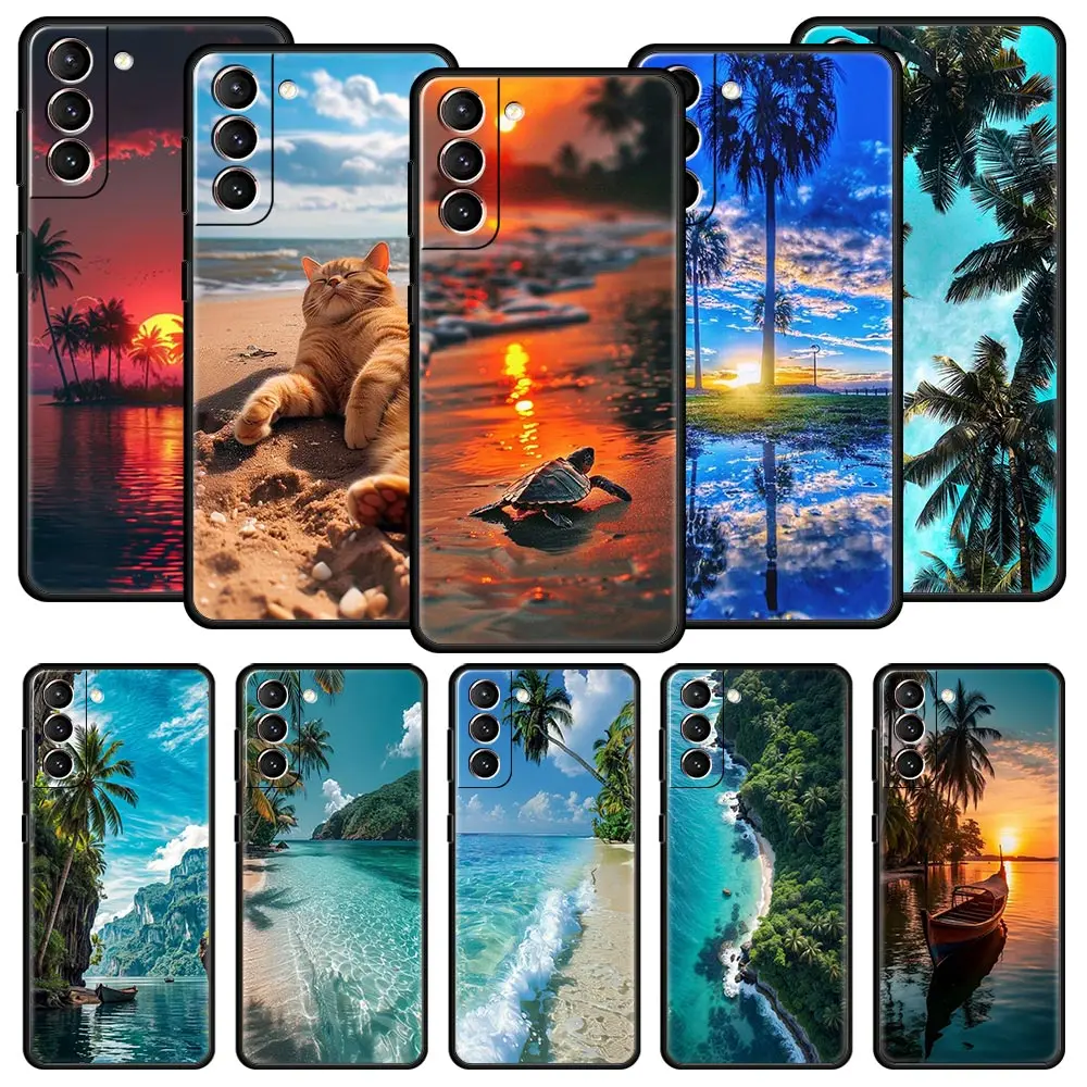Escena de playa de verano al atardecer en el mar funda de palmera para Samsung Galaxy S24 S23 S22 S20 Ultra S21 FE 5G S10 S9 Plus S10E S8