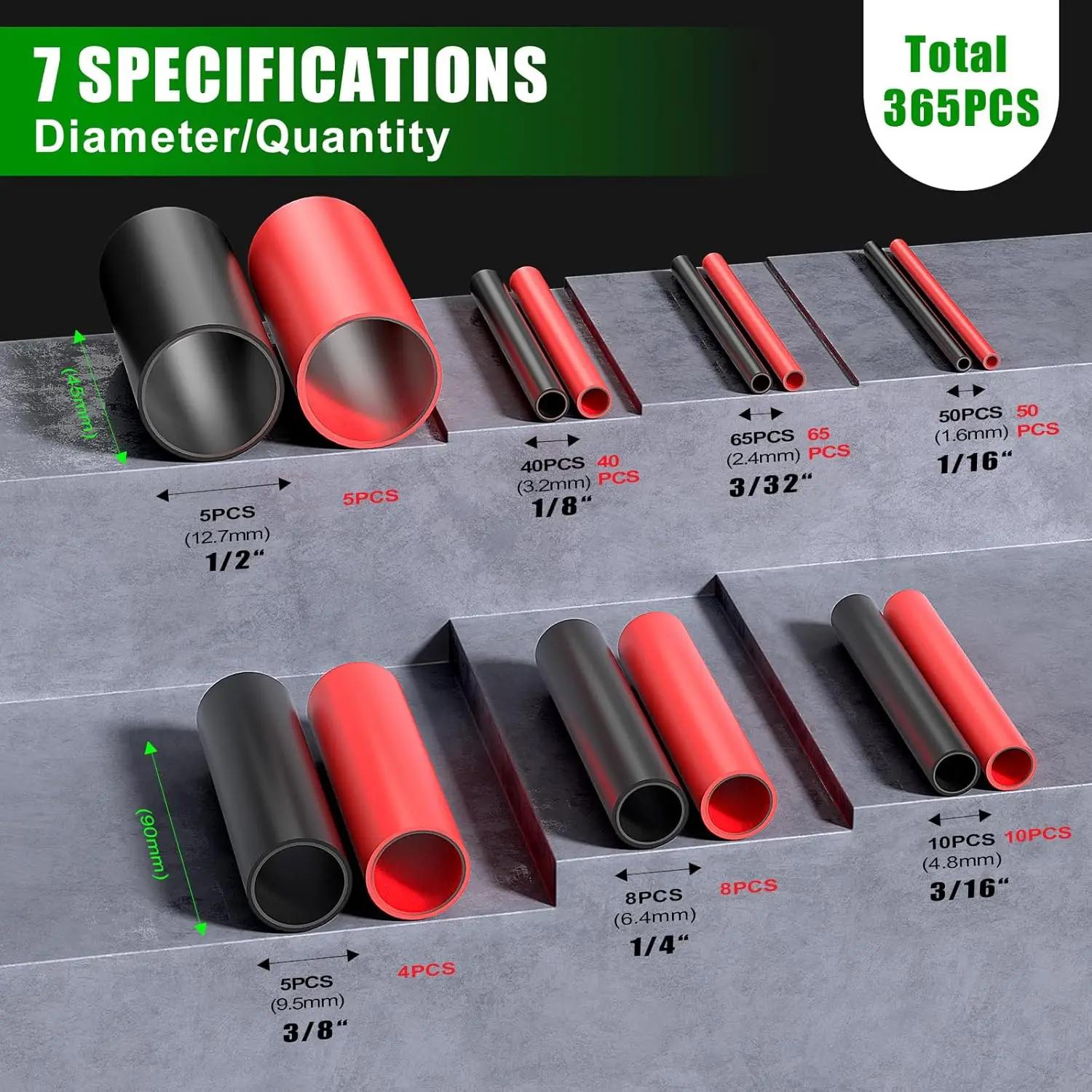 Kit de tubos termorretráctiles con relación 3:1, 365 Uds., 5 tamaños (diámetro): 1/8, 1/4, 3/16, 3/8, 1/2 pulgadas, surtido de envoltura de cables eléctricos - imagen 2