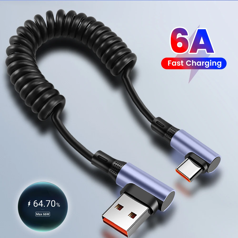 Cable de datos de resorte corto 6A 90 °   Cable de carga rápida retráctil USB A a tipo C para iPhone 15 16 Samsung Xiaomi Huawei - imagen 2