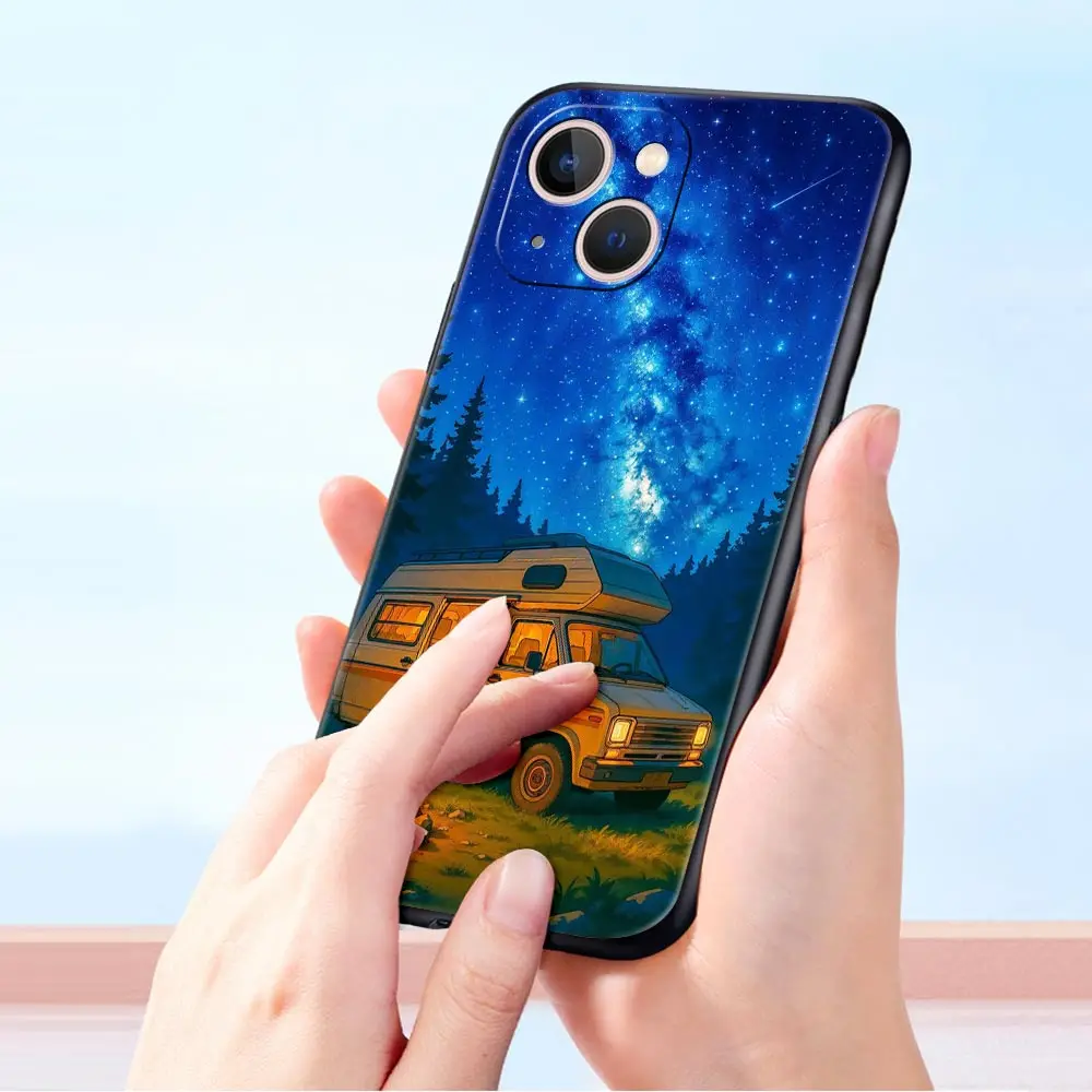 Funda de teléfono de lujo con vehículo de viaje forestal para iPhone 17 Air 16 Plus 13 15 14 12 11 Pro MAX 7 8 SE, funda negra de TPU suave - imagen 5