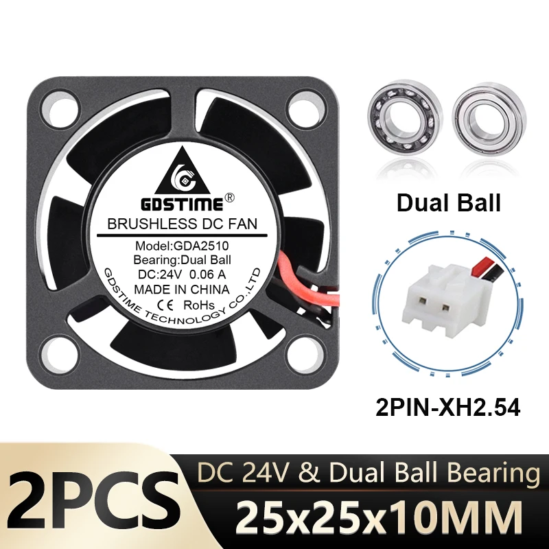 2 uds Gdstime 2510 ventilador de refrigeración CC 24V 12V 5V bola/manga Mini refrigerador 25mm ventilador de radiador 2 pines MIni ventilador de PC ventilador eléctrico centrífugo