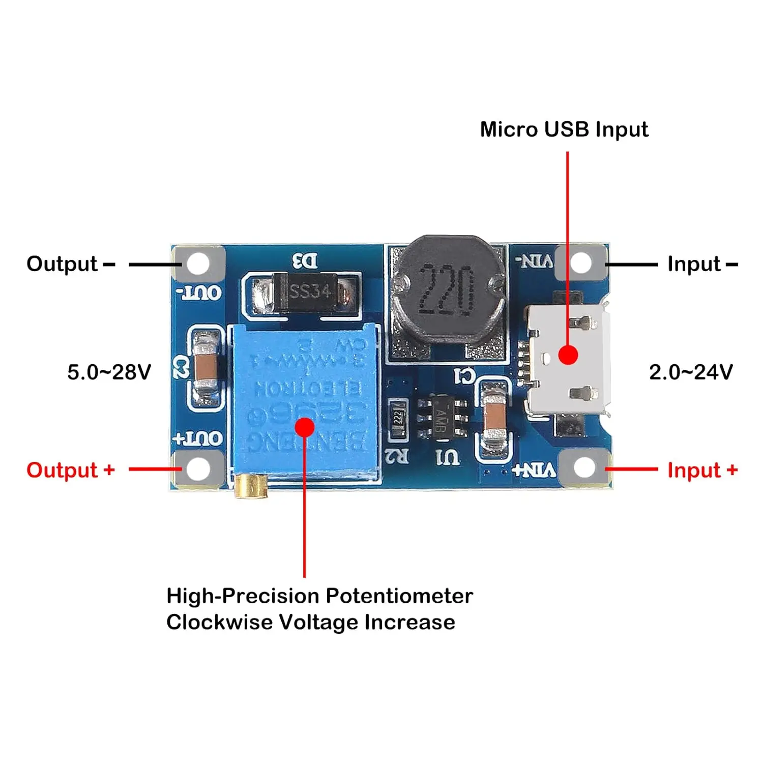 Módulo de aumento ajustable MT3608, regulador de voltaje, enchufe micro usb, 2V-24V a 5V-28V, 2A, convertidor de aumento de 20 piezas, 10/DC-DC - imagen 2