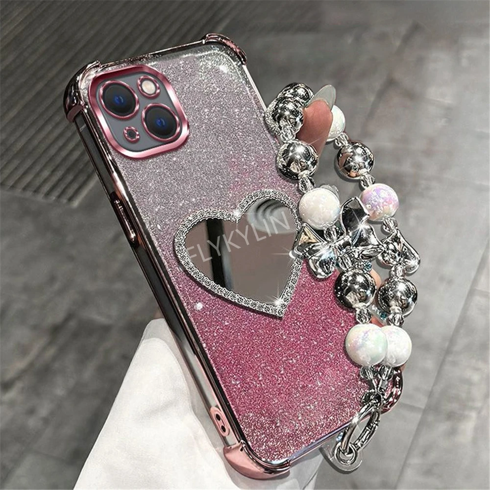 Funda de teléfono de lujo con pulsera a prueba de golpes para Samsung A53 A52 A32 A13 A23 A33 A73 A12 A22 A03 Core A51 cubierta de espejo de corazón brillante - imagen 2