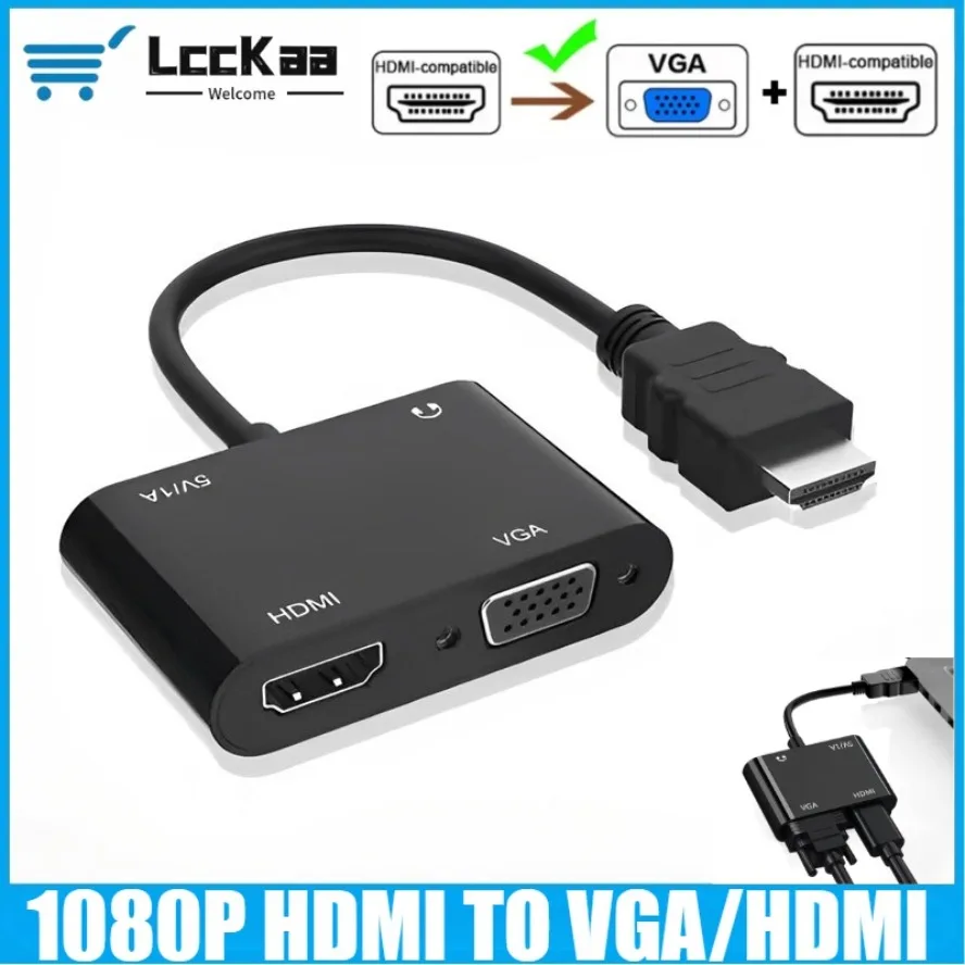 Divisor adaptador 2 en 1 HDMI a HDMI/VGA 1080P con convertidor de Audio de 3,5mm para ordenador de escritorio portátil PC Monitor proyector HDTV
