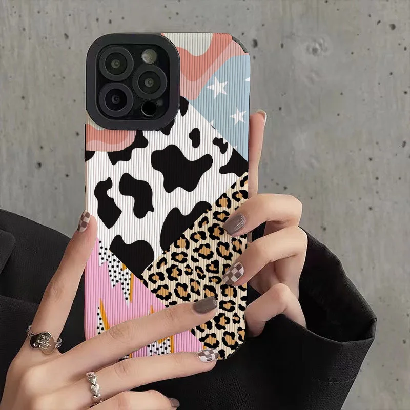 Funda de silicona con estampado de leopardo y vaca para iPhone, carcasa suave a prueba de golpes para modelos 13, 14, 15 Pro Max, 11, 12 Mini, SE, 7, 8 Plus, X, XR, XS MAX