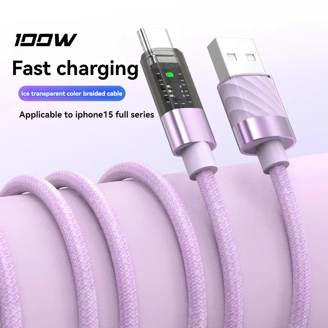 Cable de datos tipo C de carga súper rápida, 100W, 6A, para Xiaomi, Huawei, Samsung, línea de datos semitransparente