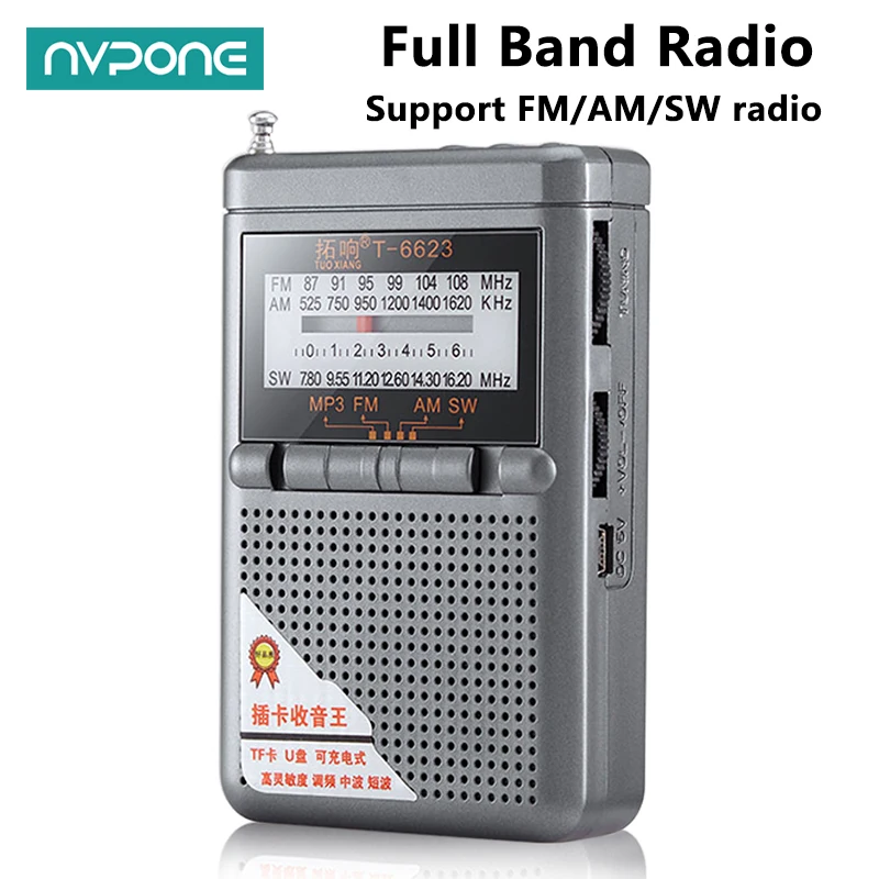 Radio de banda completa FM AM SW Mini Radio de banda mundial con pantalla LED hebilla soporte tarjeta TF conector para auriculares receptor de Radio Universal