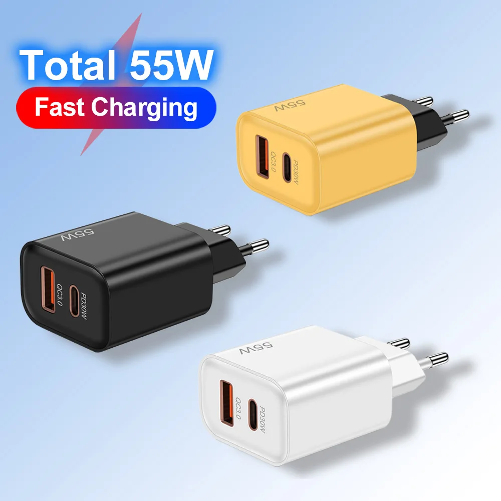 Total 55W USB C PD 30W cargador rápido para iPhone 15 14 13 Samsung Huawei Mate60 Nova Xiaomi OPPO POCO adaptador de corriente de carga rápida