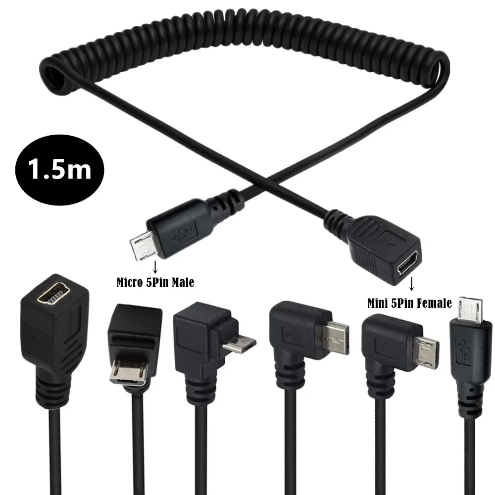90 Degree Angle Micro USB Male To Mini USB Female USB Adapter Converter Data Charger Spring Curl Cable Up Down Right Left Elbow - imagen 2