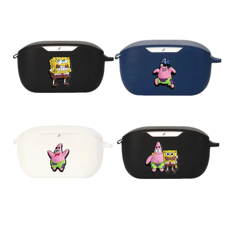 Potdemiel SpongeBob funda para auriculares JBL Wave Buds/Buds2/100 auriculares inalámbricos de silicona carcasa protectora con gancho