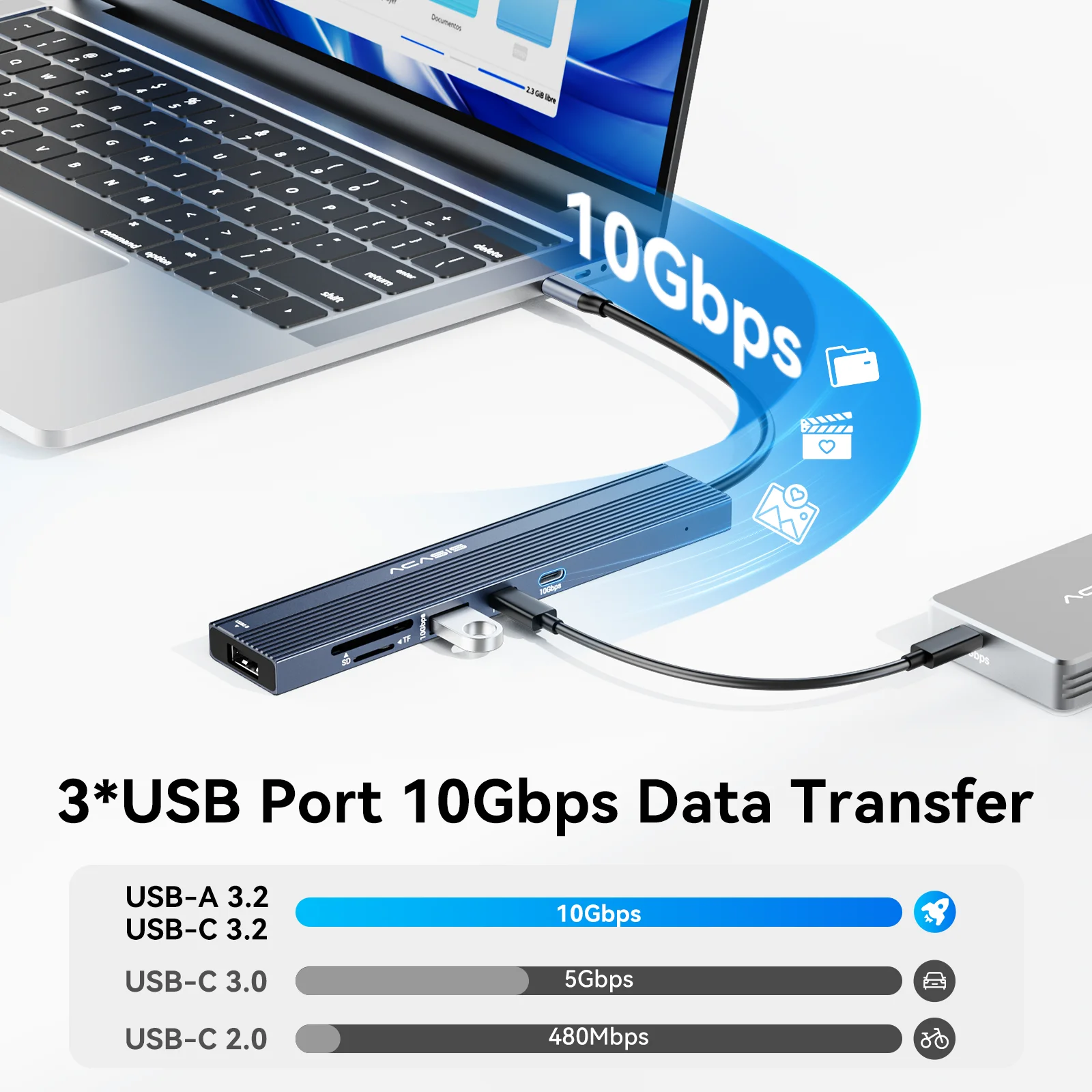 Acasis 8 en 1 USB-C Hub 10Gbps estación de acoplamiento 4K 60HZ DP salida TF/SD 3,0 PD 100W para teclado ratón impresora todo en uno Hub - imagen 4