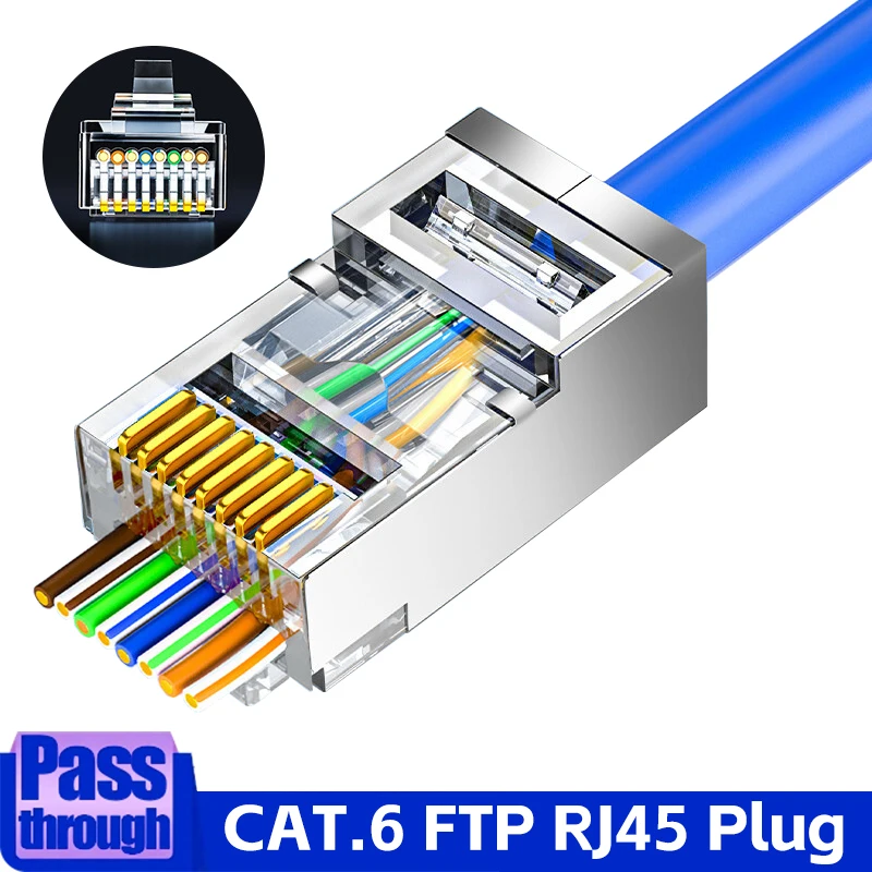 Pasar Cat6 a través de conectores blindados RJ45 Enchufe modular Ethernet UTP de engarzado 8P8C chapado en oro con extremo de cristal