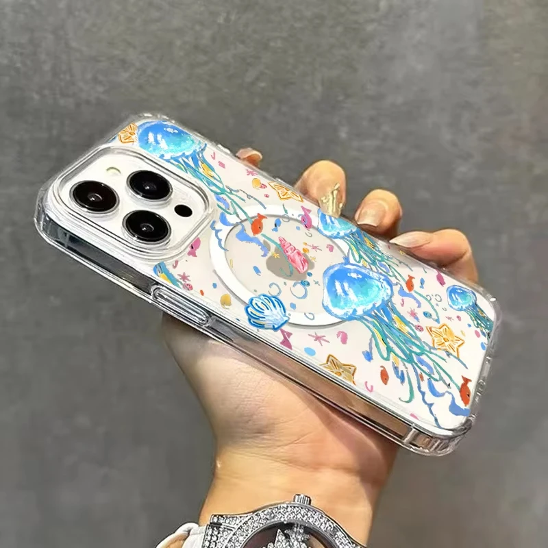 Funda transparente con carga inalámbrica MagSafe para Samsung Galaxy S25 S24 S23 S22 Ultra Plus S21 FE, bonita funda con patrón de peces y medusas - imagen 4