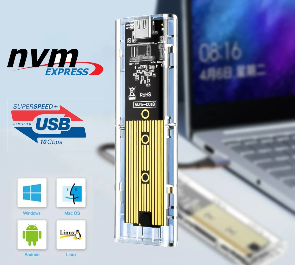 M.2 NVME PCIe NGFF SATA protocolo Dual SSD carcasa transparente USB tipo C 10Gbps PCI-E M2 SSD caja de disco duro externo transparente