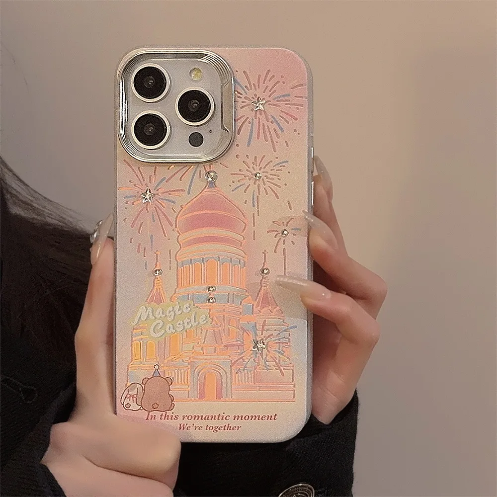 Funda de teléfono con diseño de castillo de fuegos artificiales románticos con cordón para iPhone 16 15 14 11 13 12 Pro Max Plus, funda de teléfono de cuento de hadas de princesa - imagen 3