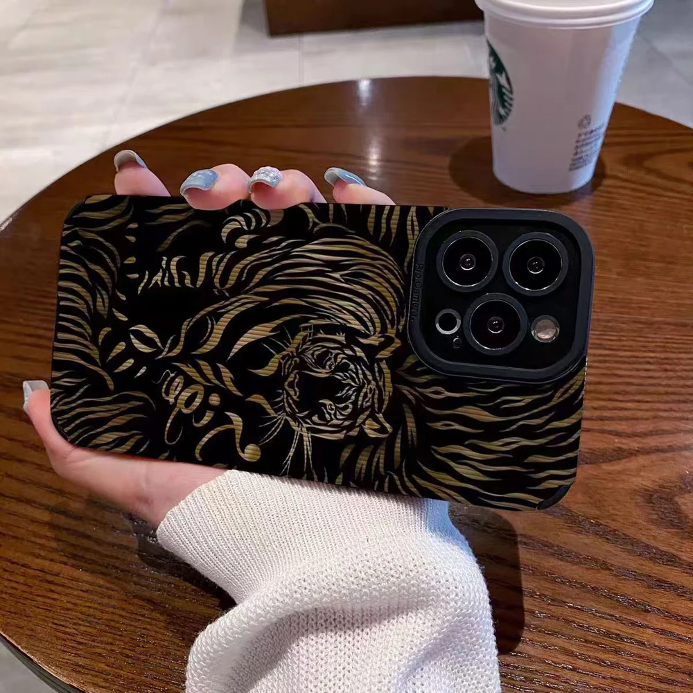 Funda de cuero de silicona con tigre negro a la moda para iPhone 14 15 16 Pro Max 7 8 SE 11 12 13 Mini Plus X XS XR cubierta completa a prueba de golpes - imagen 3