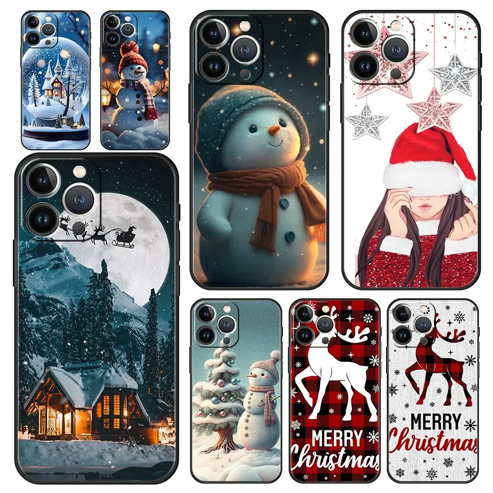 Funda de teléfono de lujo para Apple iPhone 11, 15, 14 Pro MAX, 12, 13, 7, 8 Plus, X, XR, XS, MAX, SE, Funda negra con estampado gráfico de Navidad