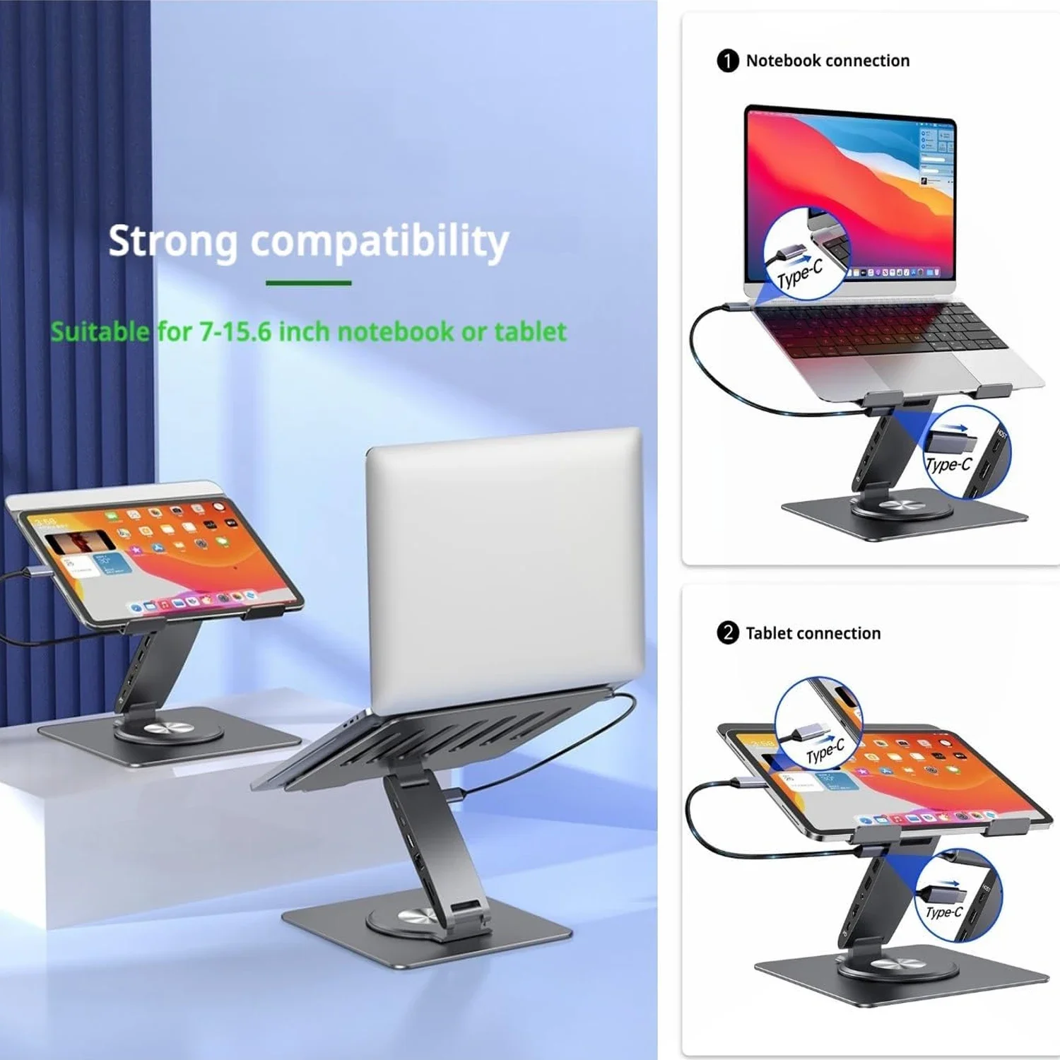 Soporte para portátil ALl en 1 para MacBook Pro Air Dell HP Surface 360 °   Plegable giratorio con concentrador USB Soporte universal para computadora portátil - imagen 3