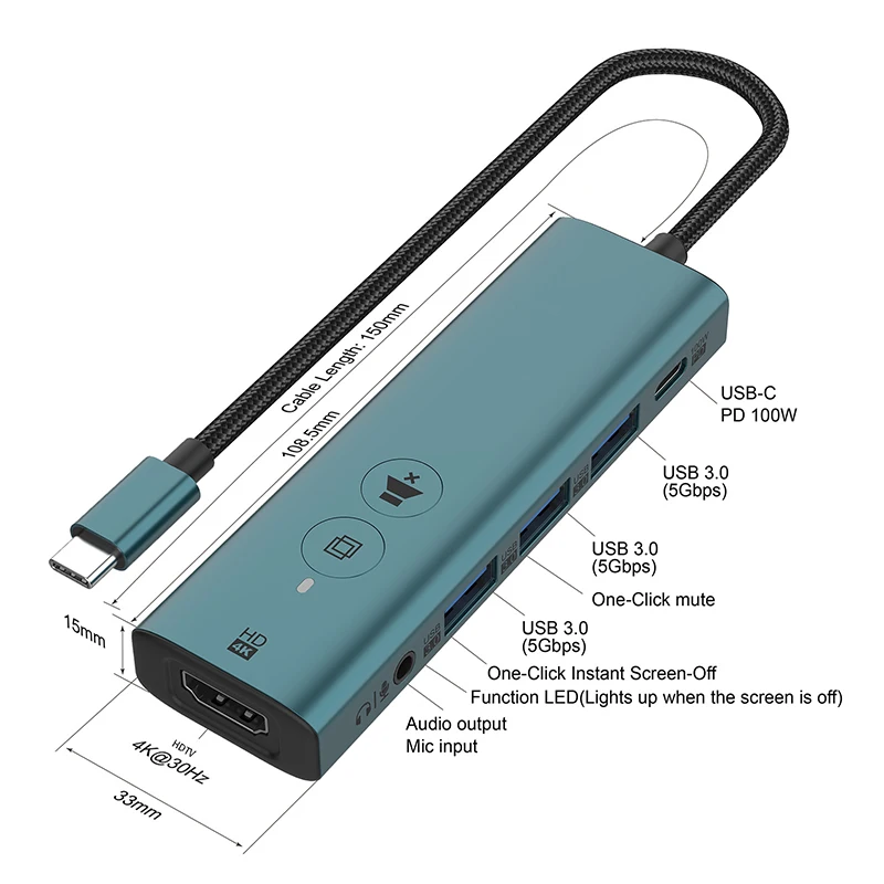 Con convertidor HDMI a tipo C 6 puertos USB C Hub PD 100W base de carga USB3.0 lector de disco Cable divisor Audio Micro extender adaptador - imagen 3