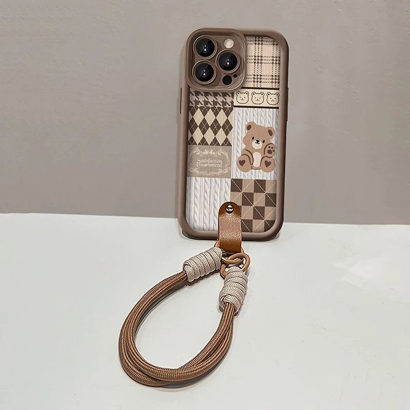 Funda de teléfono con correa colgante de oso con patrón de rejilla para iPhone 17 16 15 14 Pro Max 13 12 11 Pro 16E XS X XR 7 Plus SE, funda suave a prueba de golpes - imagen 3