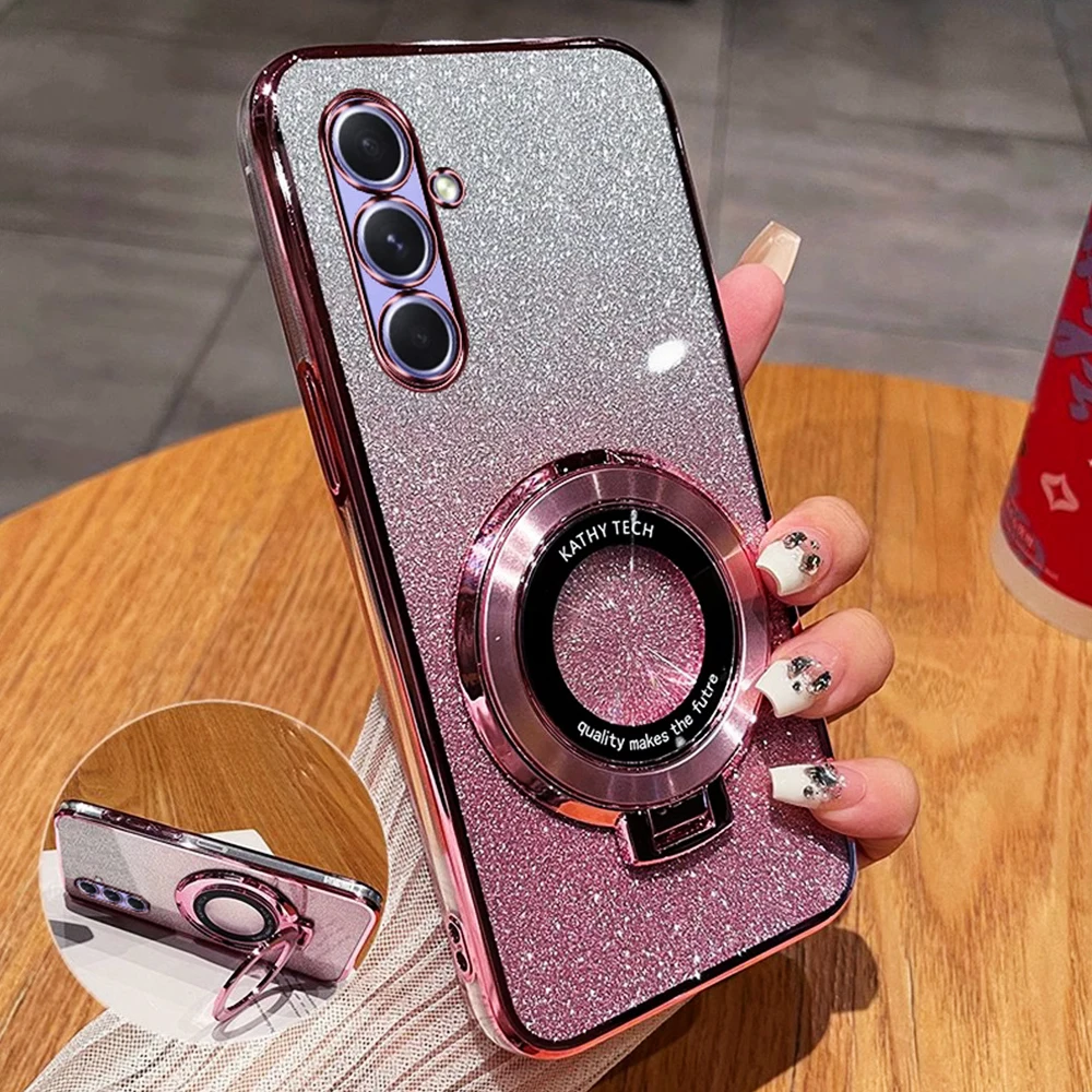 Funda con soporte magnético chapado con purpurina para Samsung Galaxy A16 A06 A55 A15 A25 A35 A05 A05S A54 A24 A34 A14 A04 funda suave con soporte