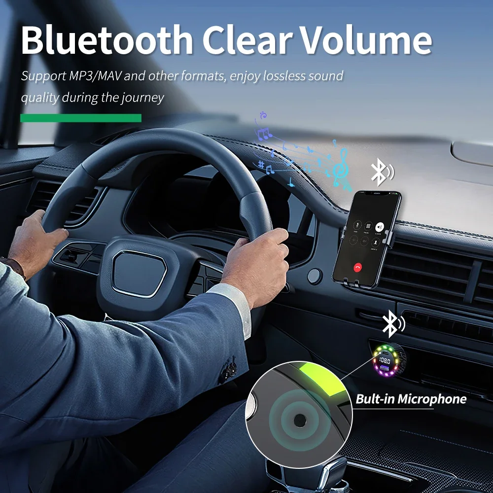 Transmisor FM Bluetooth 5,3 para coche, cargador de Audio para coche, USB Dual tipo C, cargador rápido, luz colorida, reproductor MP3 manos libres - imagen 4