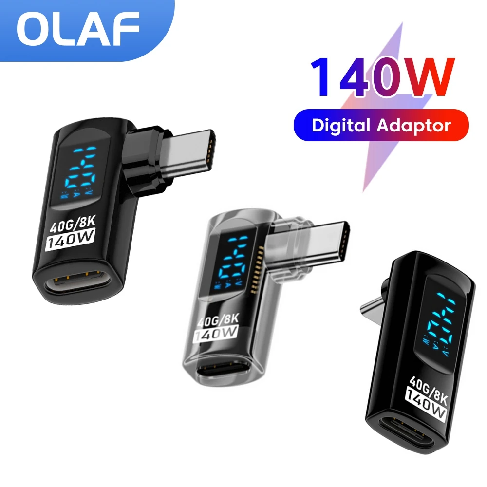 Adaptador de codo tipo C a tipo C de 140W, pantalla Digital PD, carga rápida, transferencia de datos de 40Gbps, convertidor de 8k @ 60Hz para iPhone 16 15 Pro