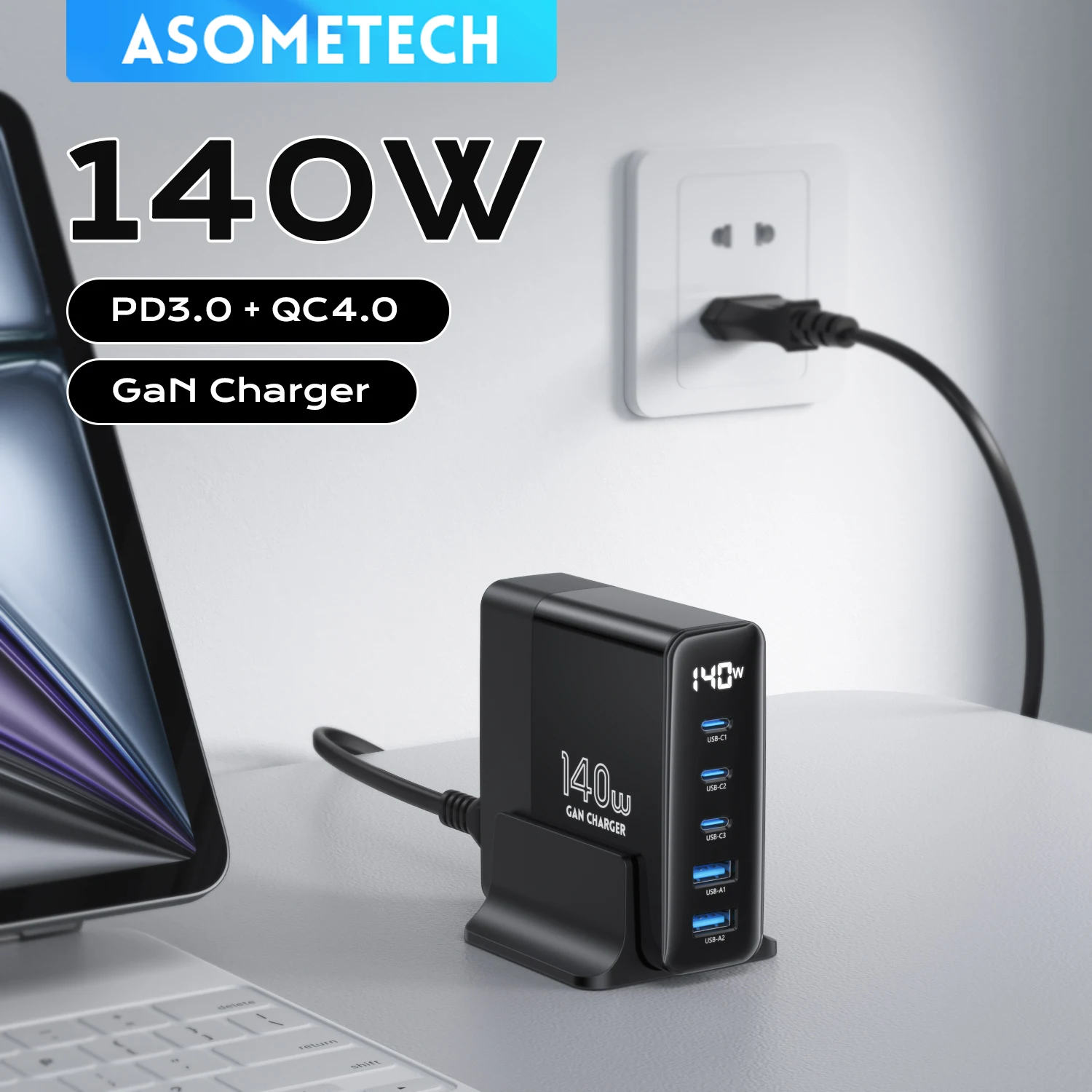 Cargador USB ASOMETECH 140W GaN 5 en 1, 100W, carga rápida de escritorio, cargador USB tipo C, cargador de teléfono con pantalla LED para ordenador portátil iPhone 17