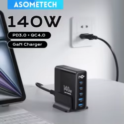 Cargador USB ASOMETECH 140W GaN 5 en 1, 100W, carga rápida de escritorio, cargador USB tipo C, cargador de teléfono con pantalla LED para ordenador portátil iPhone 17